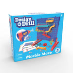 Front box of Design & Drill Marble Maze.  Displays product with elements assembled to create the marble maze.  Challenge cards and the "Working Power Drill" are also shown.