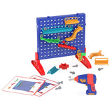All the elements of the marble run are shown, some assembled on the board, some scattered about the ground.  Challenge cards and power drill are also shown.