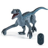 Front image of Roboraptor.  Open mouth with visible tongue and teeth.  Coloration is a grey with blue and white down the back.  Includes remote control.  