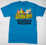 Adult shirt sporting the Scooby-Doo! Mansion Mayhem logo. Adult shirt is a darker blue color.