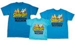 Adult, Youth, and Toddler shirts sporting the Scooby-Doo! Mansion Mayhem logo.  Adult and Youth shirts are a darker blue, the toddler shirt is a lighter blue / teal.
