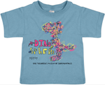 Toddler Tee shirt in a grayish blue color featuring the artwork of 6 year old Marty.  A large T. rex dinosaur with bright yellow, red, and blue scribbles that resemble the glass pieces in our Fireworks of Glass tower installation.  Says Dino Sphere in colorful writing with a small red Pterodactyl and a small blue Triceratops.