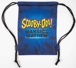 Back of drawstring bag with black cords.  Bag is a dark blue with shadowy hands reaching from the edges in toward the center.  In the center is the Scooby-Doo! Mansion Mayhem logo.