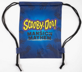Back of drawstring bag with black cords.  Bag is a dark blue with shadowy hands reaching from the edges in toward the center.  In the center is the Scooby-Doo! Mansion Mayhem logo.