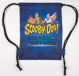 Front of drawstring bag with black cords.  Bag is a dark blue with shadowy hands reaching from the edges in toward the center.  In the center is the Mystery Inc. gang and the Scooby-Doo! Mansion Mayhem logo.