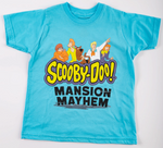 Toddler shirt sporting the Scooby-Doo! Mansion Mayhem logo. The toddler shirt is a lighter blue / teal. color