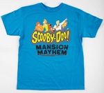 Youth shirt sporting the Scooby-Doo! Mansion Mayhem logo. Youth shirt is a darker blue color.